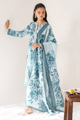 FLORESCENCE BLUE-3PC PRINTED LAWN SUIT
