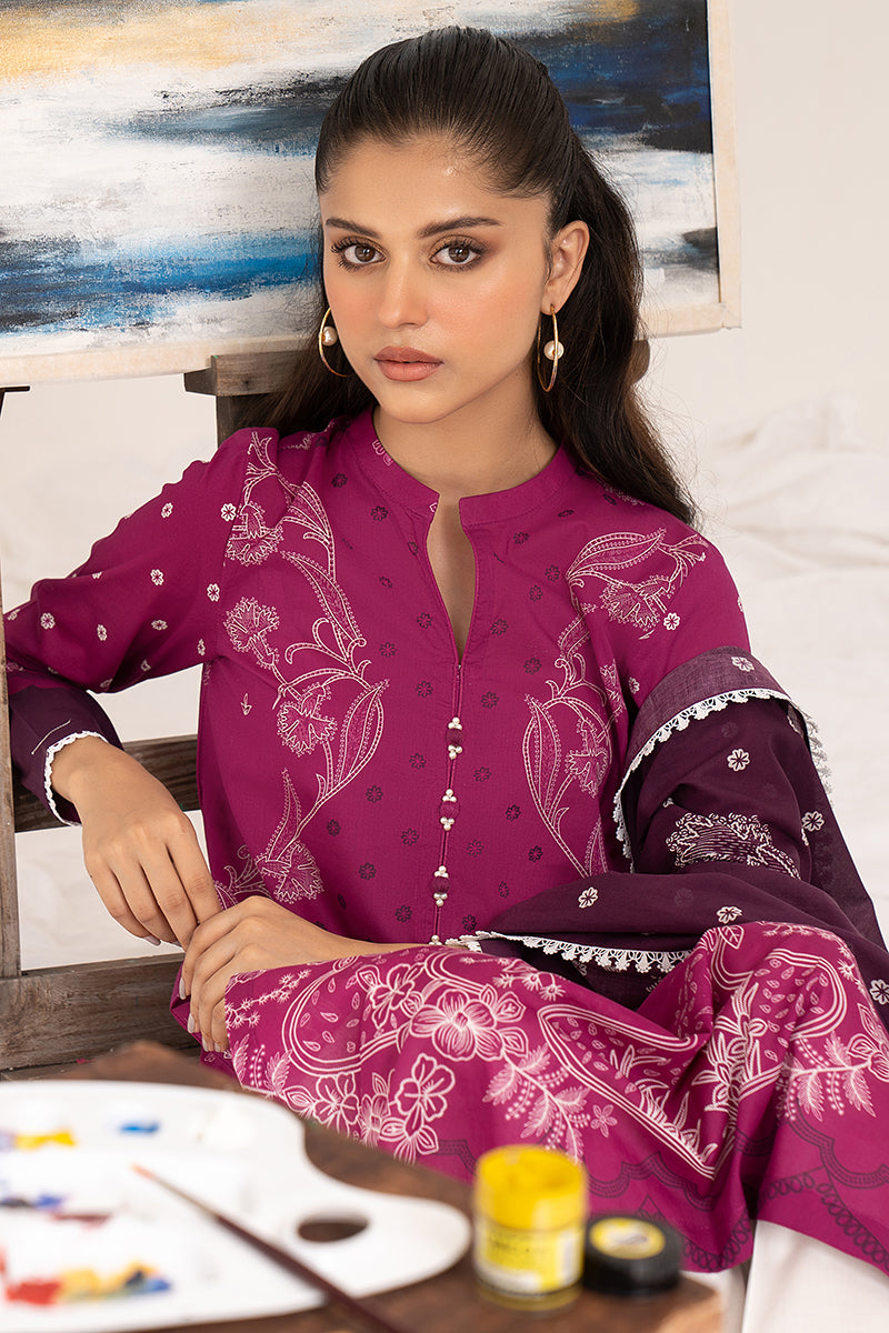 MAGENTA CHARMEUSE-3PC PRINTED LAWN SUIT