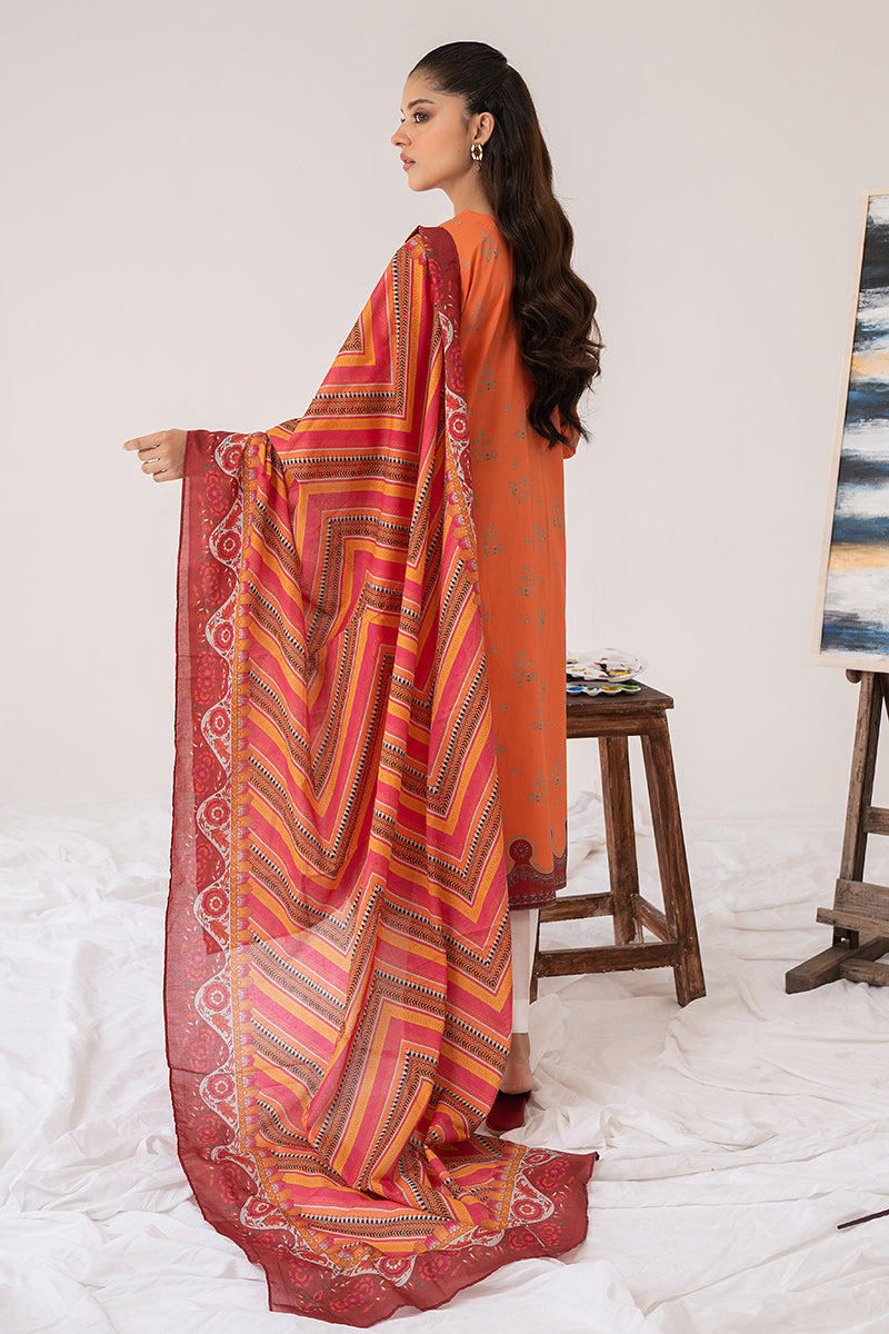ORANGE ORCHIDS-3PC PRINTED LAWN SUIT