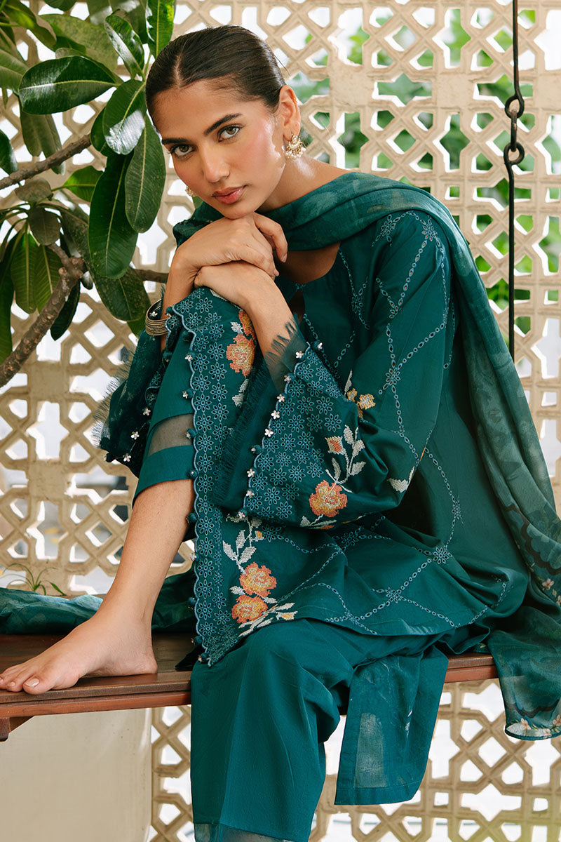 VIBRANT SPRUCE-3PC EMBROIDERED CAMBRIC SUIT