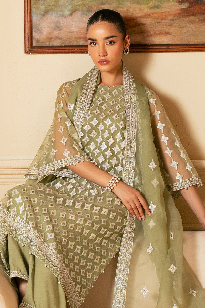 MINTED SAGE-4 PIECE EMBROIDERED ORGANZA SUIT