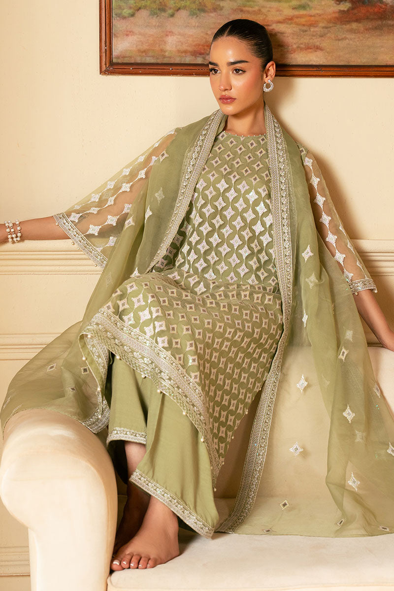 MINTED SAGE-4 PIECE EMBROIDERED ORGANZA SUIT