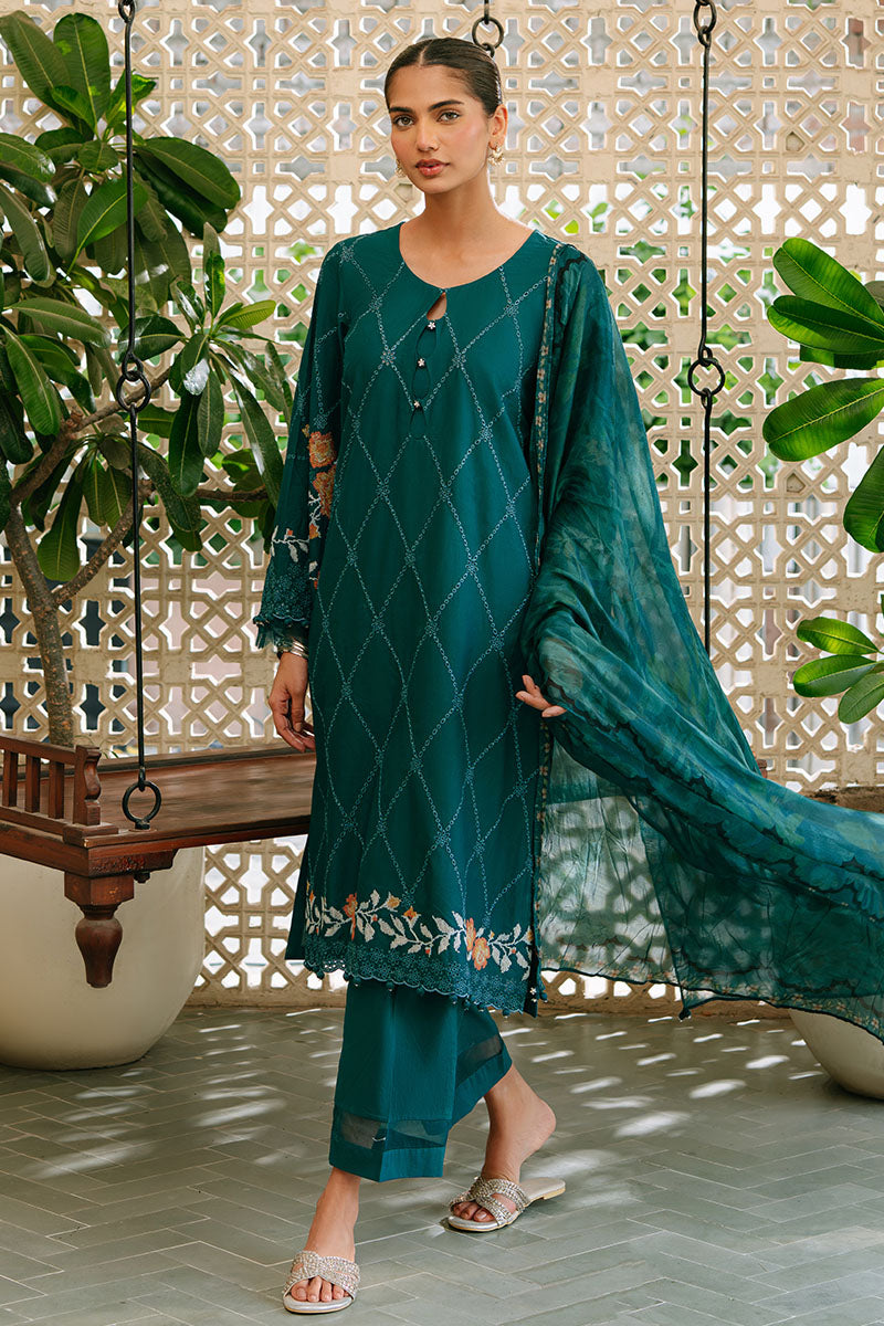 VIBRANT SPRUCE-3PC EMBROIDERED CAMBRIC SUIT