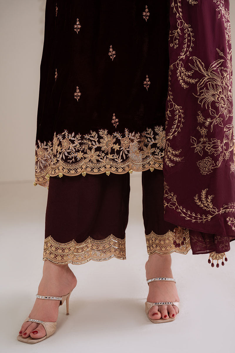 ROYAL PLUM-3PC VELVET EMBROIDERED SUIT