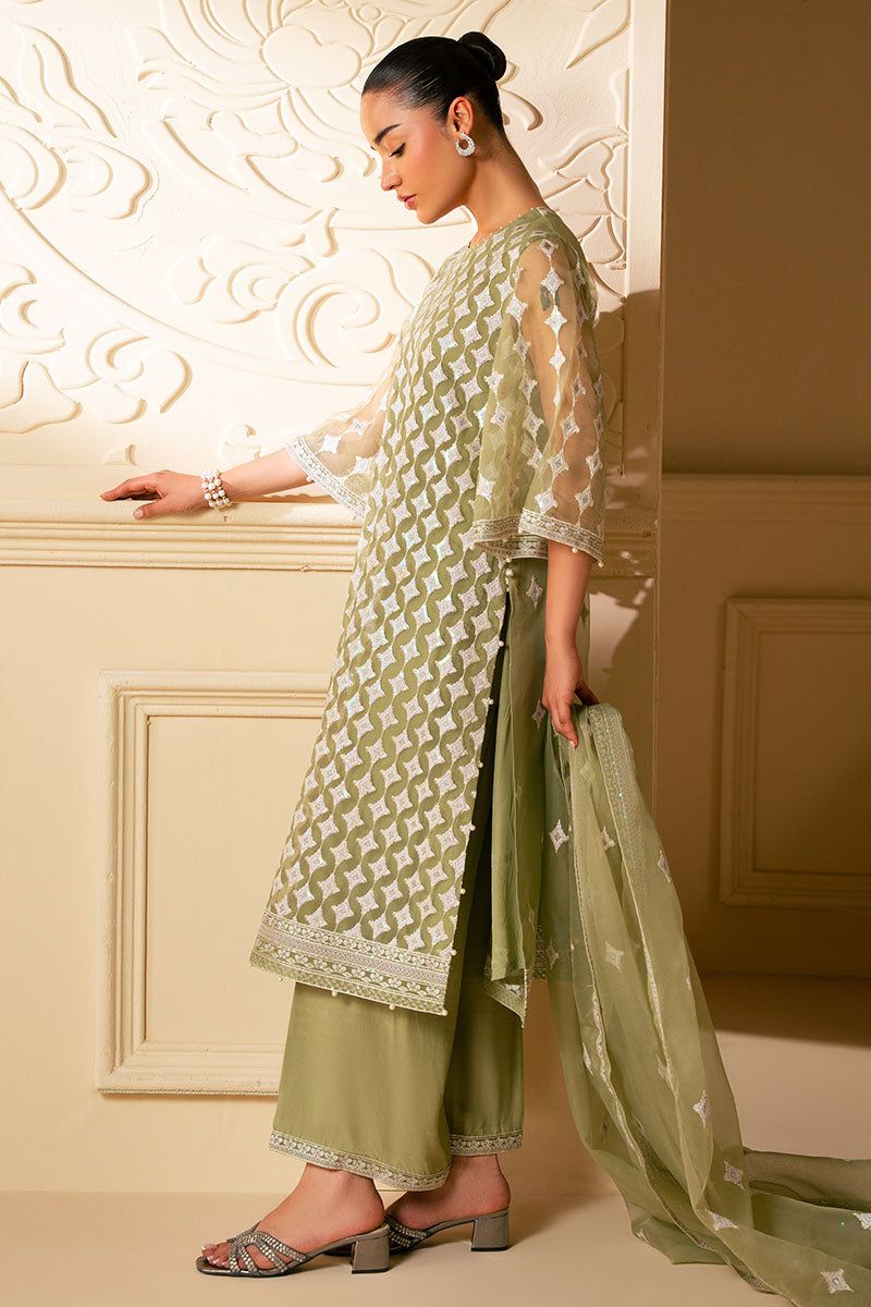 MINTED SAGE-4 PIECE EMBROIDERED ORGANZA SUIT
