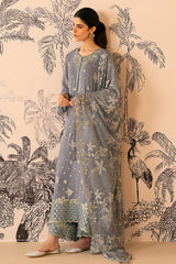 SMOKE BLUE-4 PIECE EMBROIDERED CHIFFON SUIT