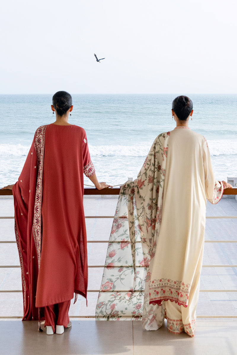 DUSTY SUNSET-3PC SATIN EMBROIDERED SUIT