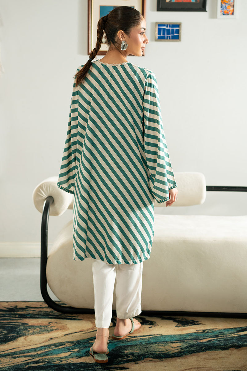 TEAL STRIPE LINEN PRINTED SHIRT