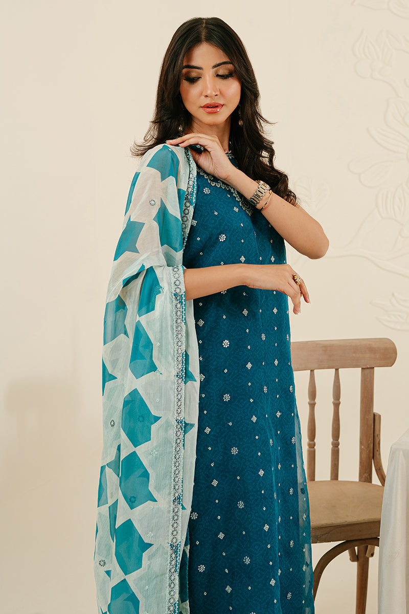 FRECKLE TEAL-4PC ORGANZA EMBROIDERED SUIT