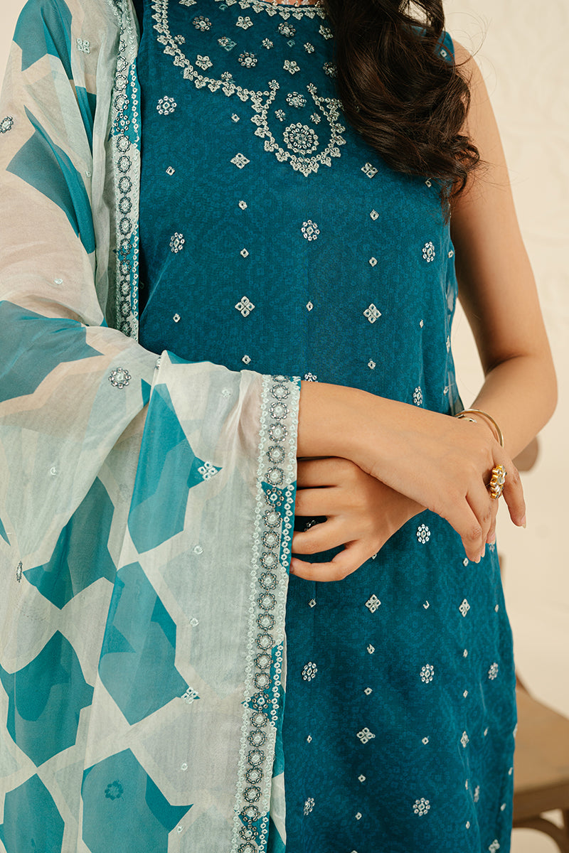 FRECKLE TEAL-4PC ORGANZA EMBROIDERED SUIT