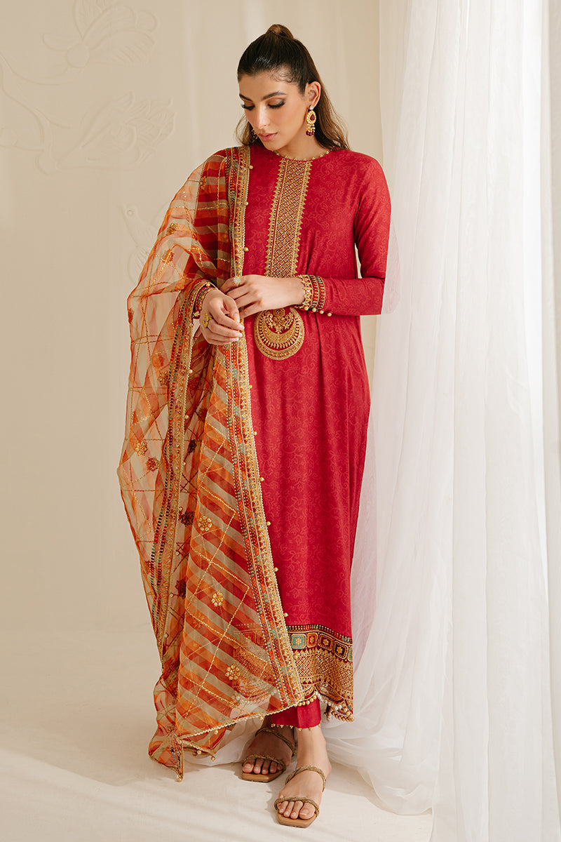 POMPEIAN RED-3PC SILK EMBROIDERED SUIT