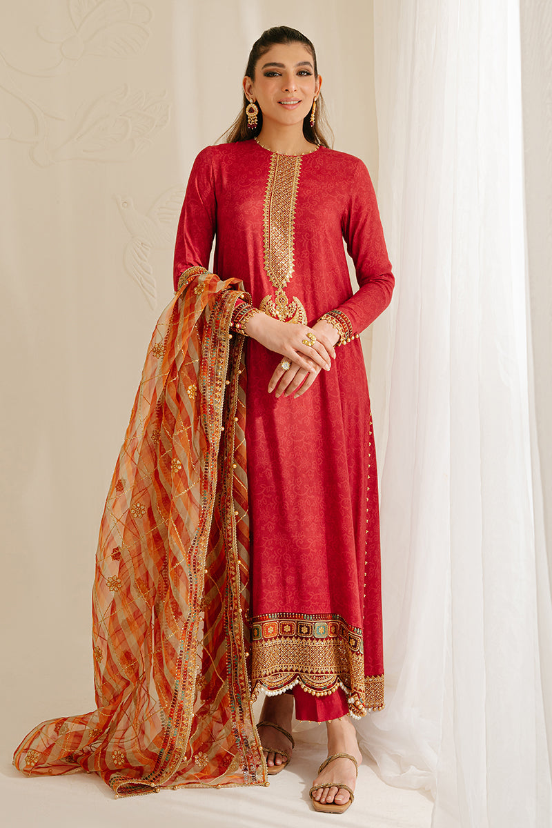 POMPEIAN RED-3PC SILK EMBROIDERED SUIT