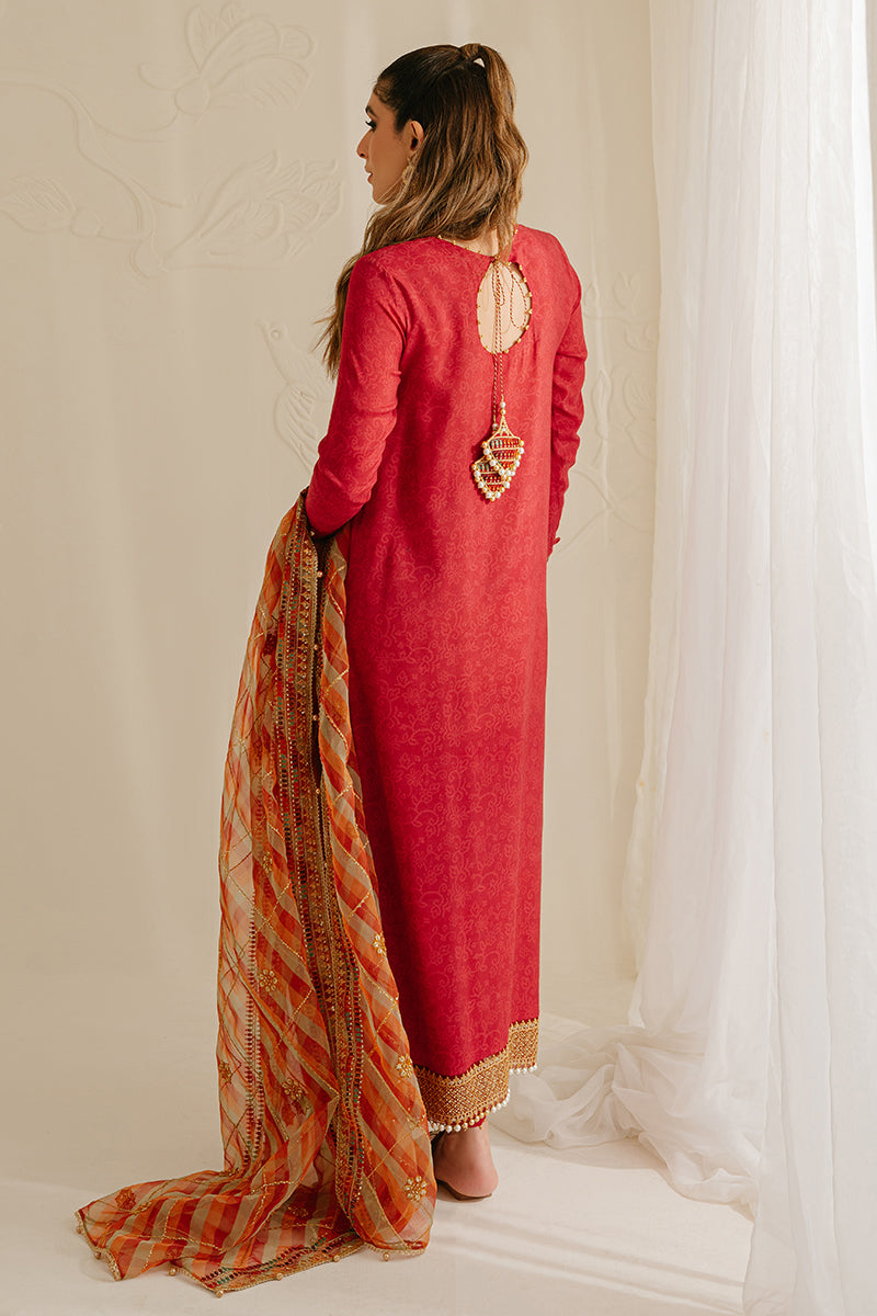 POMPEIAN RED-3PC SILK EMBROIDERED SUIT