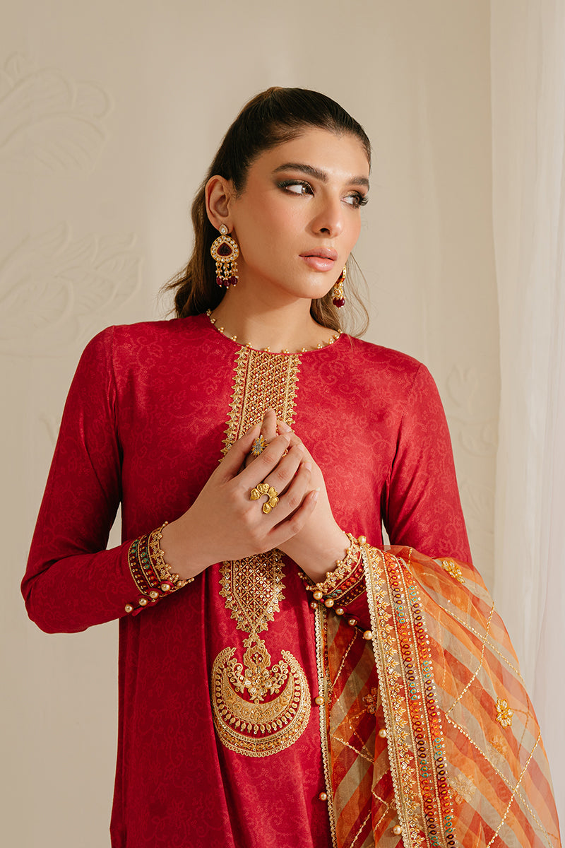 POMPEIAN RED-3PC SILK EMBROIDERED SUIT