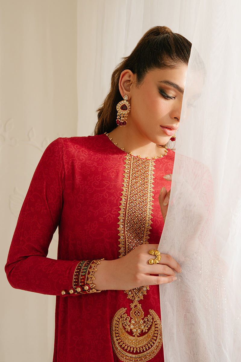 POMPEIAN RED-3PC SILK EMBROIDERED SUIT