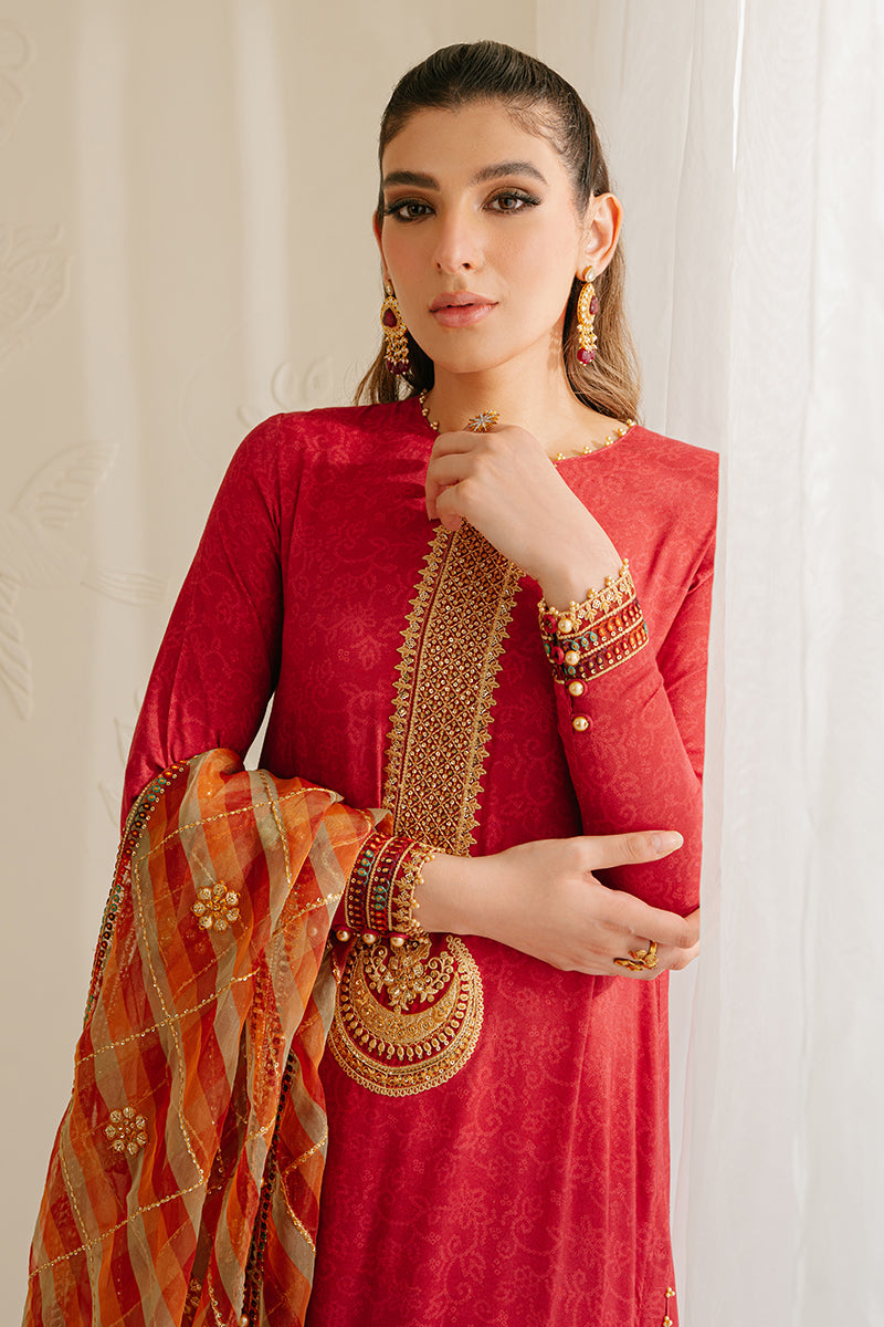 POMPEIAN RED-3PC SILK EMBROIDERED SUIT