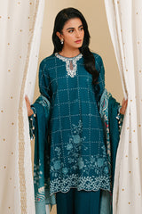 TEAL LATTICE-3PC KHADDAR PRINTED SUIT