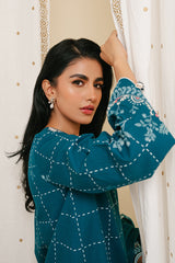TEAL LATTICE-3PC KHADDAR PRINTED SUIT
