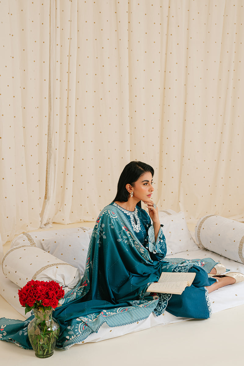 TEAL LATTICE-3PC KHADDAR PRINTED SUIT