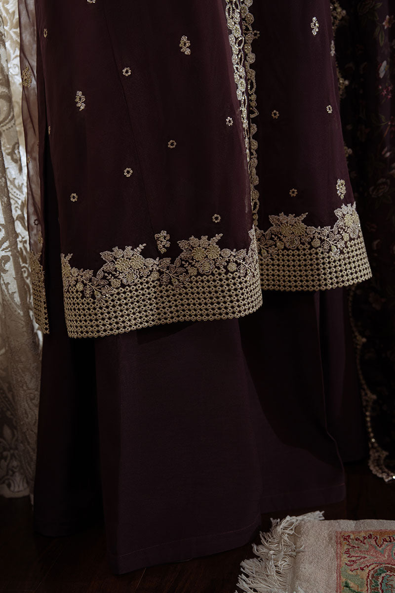 PLUM ROUGE-4PC ORGANZA EMBROIDERED SUIT