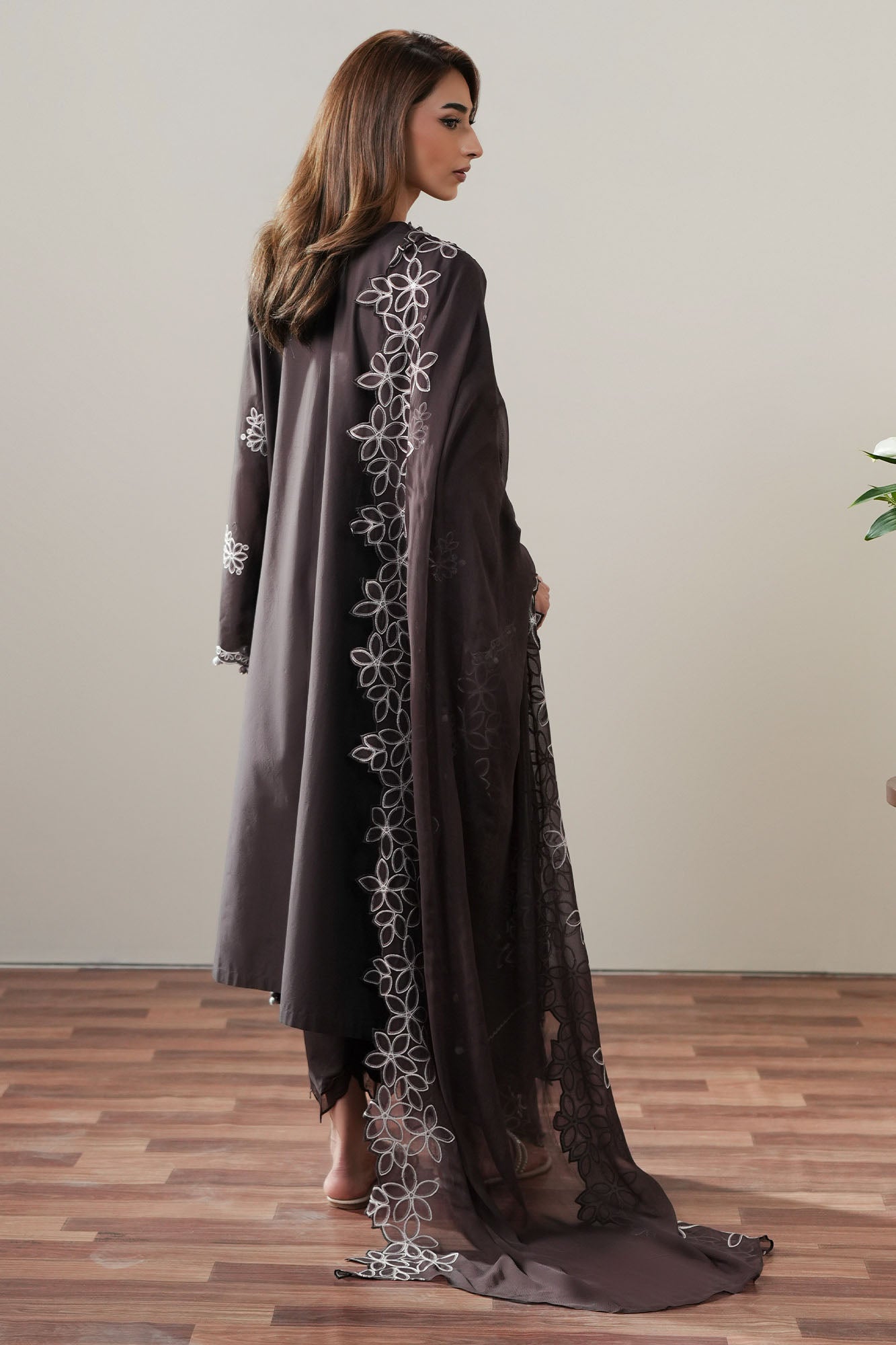 SEAL BROWN-3PC EMBROIDERED SUIT