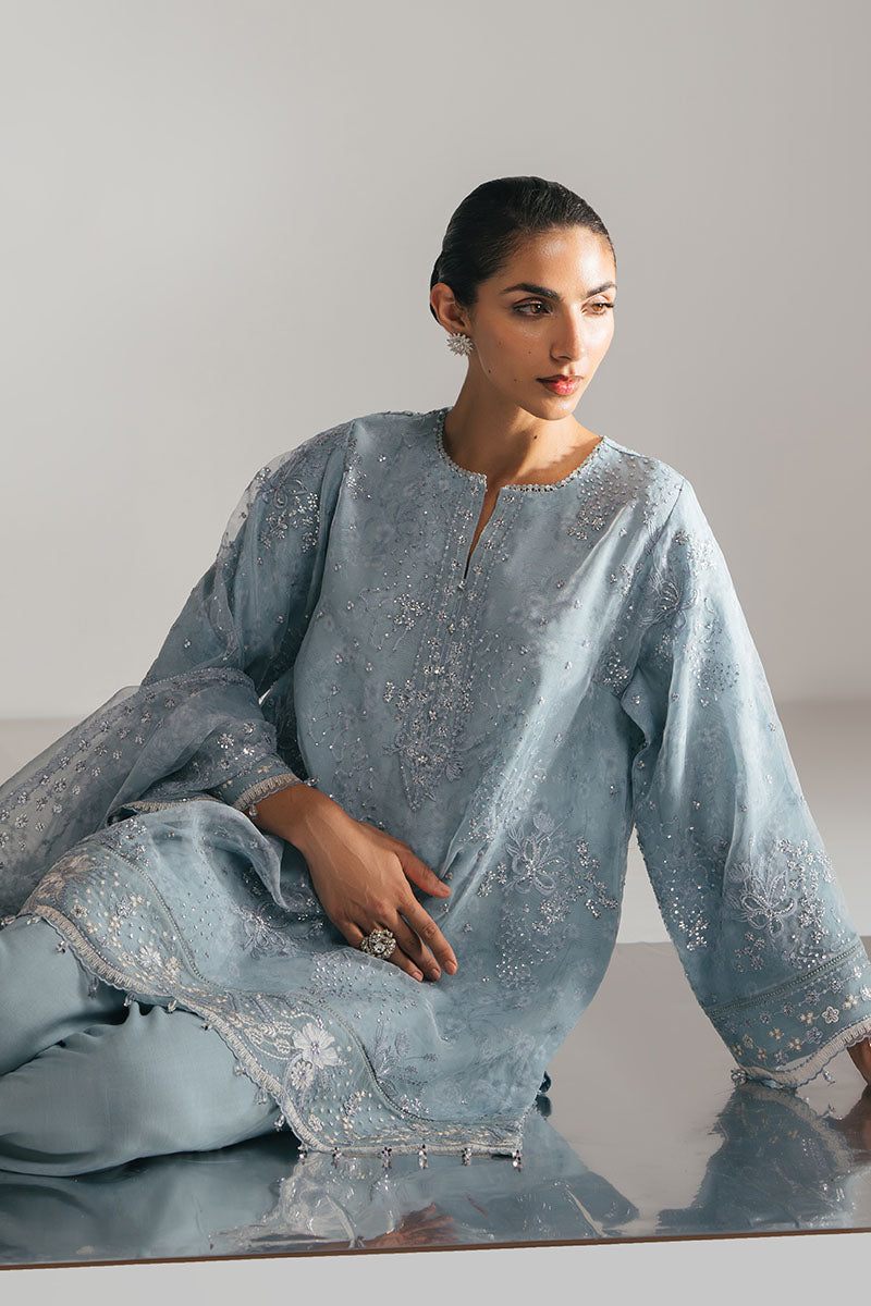 SILVER AQUA-3PC EMBROIDERED ORGANZA SUIT