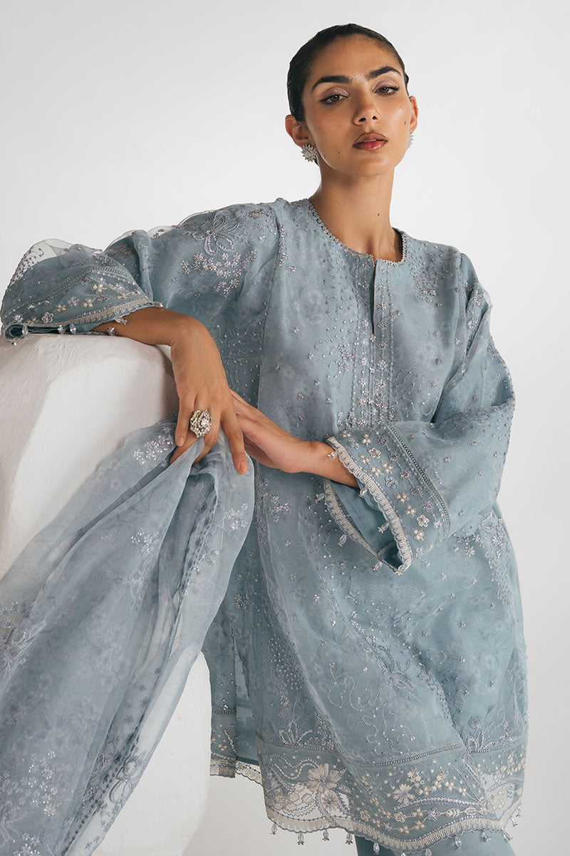 SILVER AQUA-3PC EMBROIDERED ORGANZA SUIT