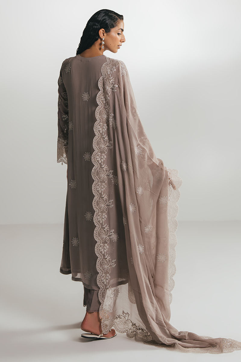MOCHA DUNE-3PC EMBROIDERED CHIFFON SUIT