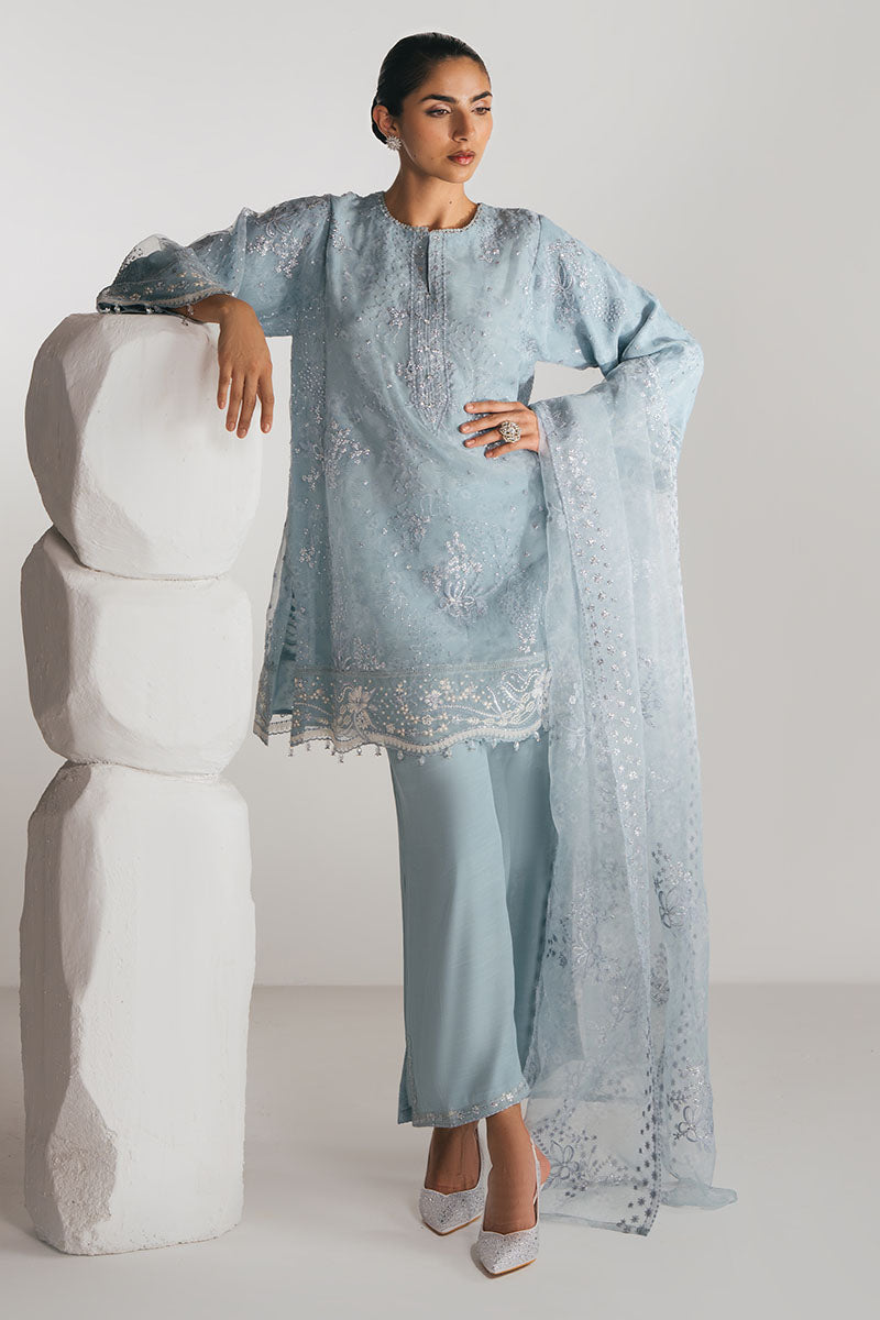 SILVER AQUA-3PC EMBROIDERED ORGANZA SUIT