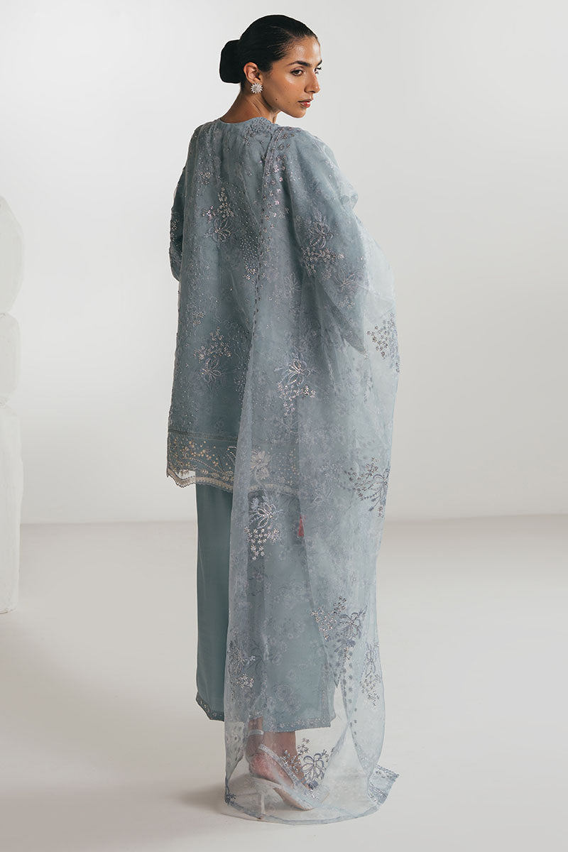 SILVER AQUA-3PC EMBROIDERED ORGANZA SUIT