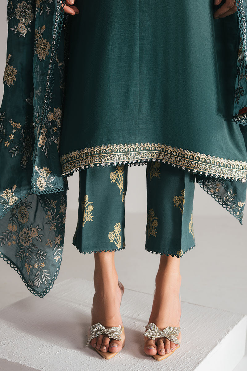 EMERALD GREEN-3PC EMBROIDERED SILK SUIT