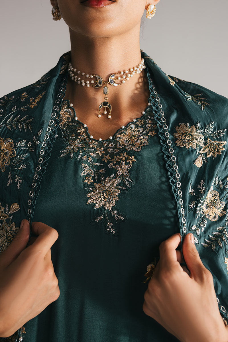 EMERALD GREEN-3PC EMBROIDERED SILK SUIT