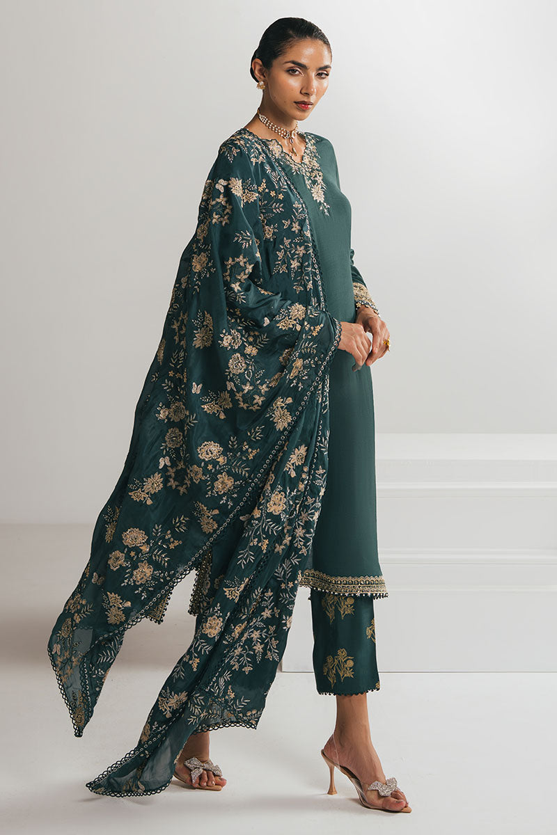 EMERALD GREEN-3PC EMBROIDERED SILK SUIT