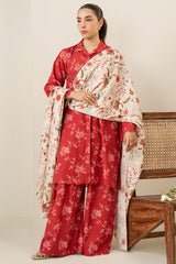 OCHRE SILK-3PC KHADDAR PRINTED SUIT