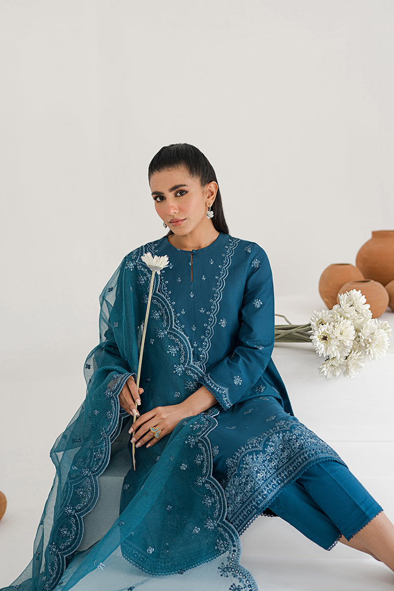 GLAZED CERULEAN-3PC EMBROIDERED LAWN SUIT