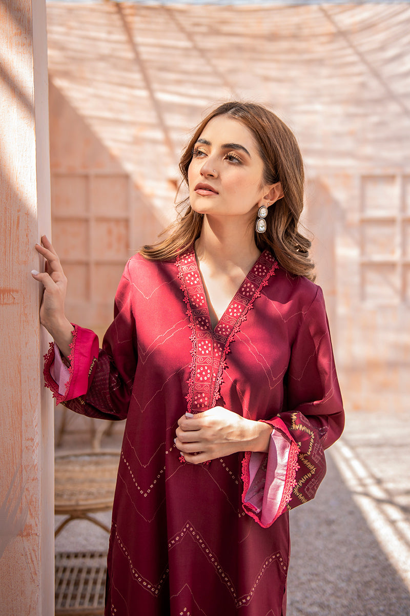 RASPBERRY TRIM PRINTED SHIRT