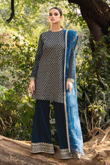 TEAL PROFUSE-3PC EMBROIDERED VELVET SUIT