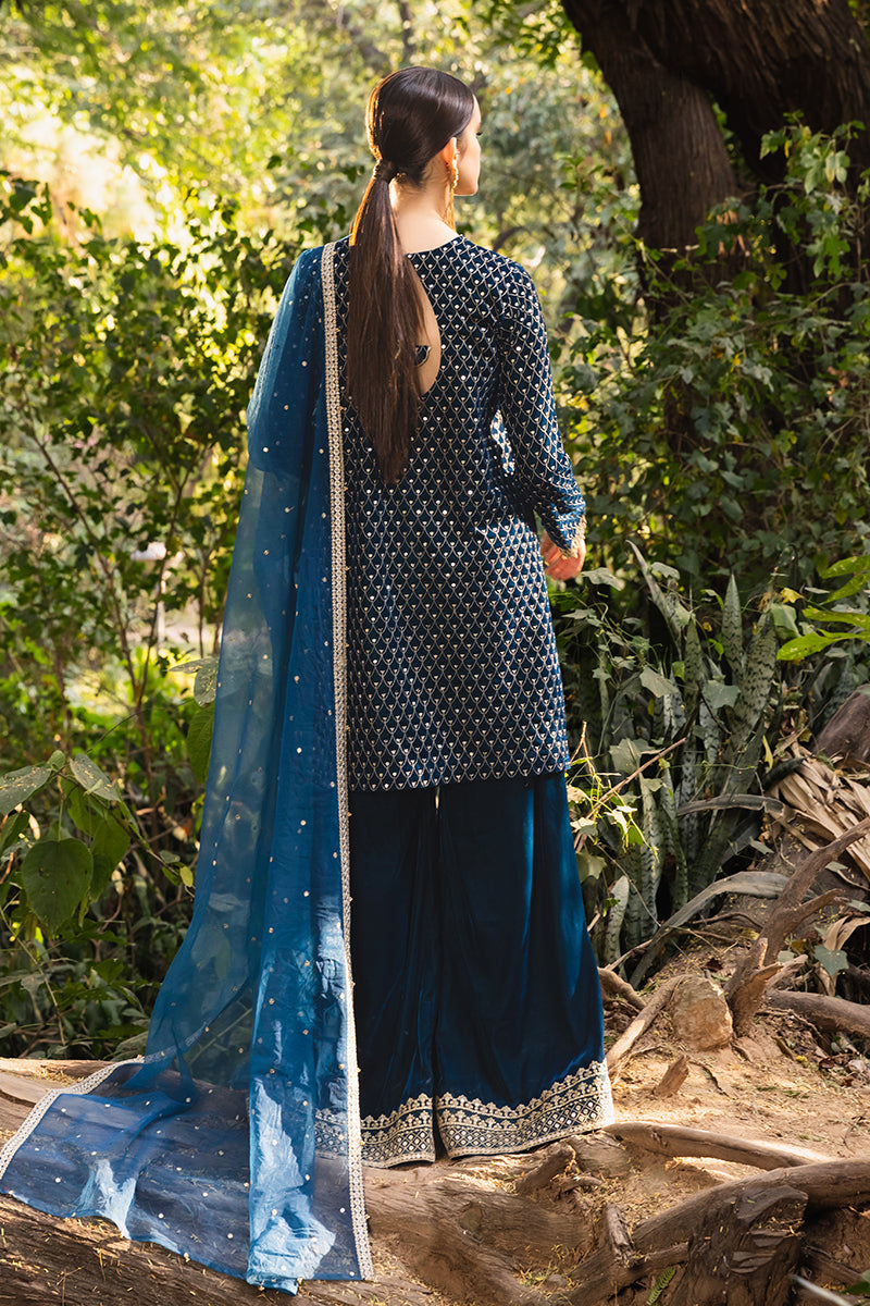 TEAL PROFUSE-3PC EMBROIDERED VELVET SUIT