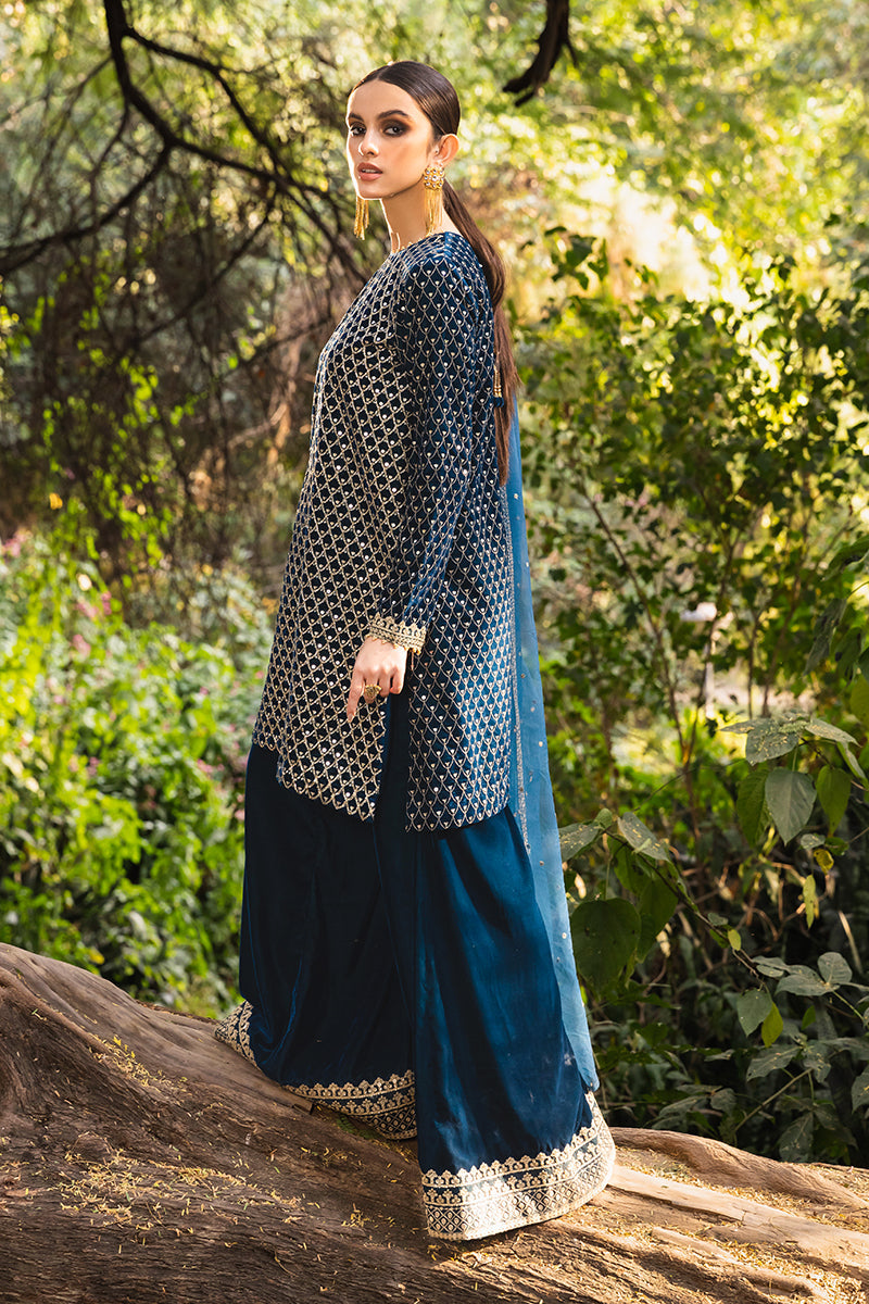TEAL PROFUSE-3PC EMBROIDERED VELVET SUIT