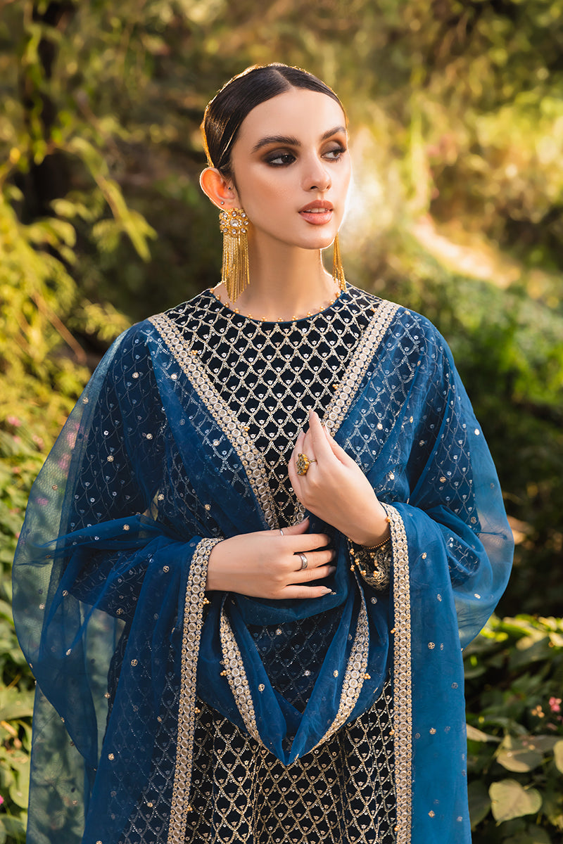 TEAL PROFUSE-3PC EMBROIDERED VELVET SUIT