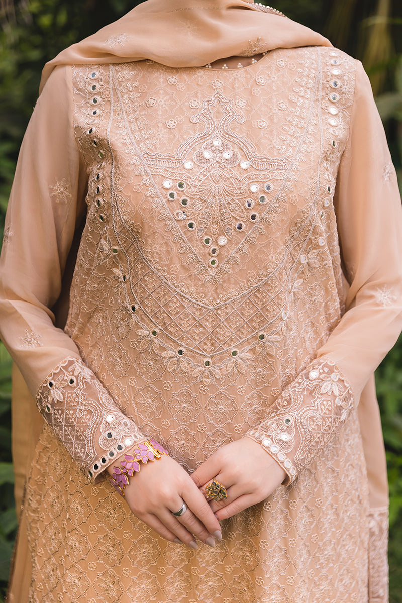 GLIMMER TAN-4PC EMBROIDERED CHIFFON SUIT