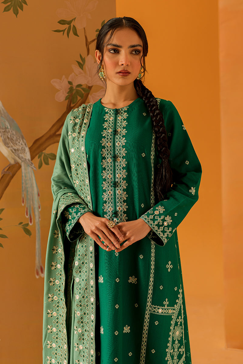 EMERALD  SPRUCE-3PC EMBROIDERED KHADDAR SUIT