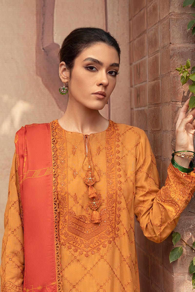 OCHRE TAN-3PC- EMBROIDERED LINEN SUIT