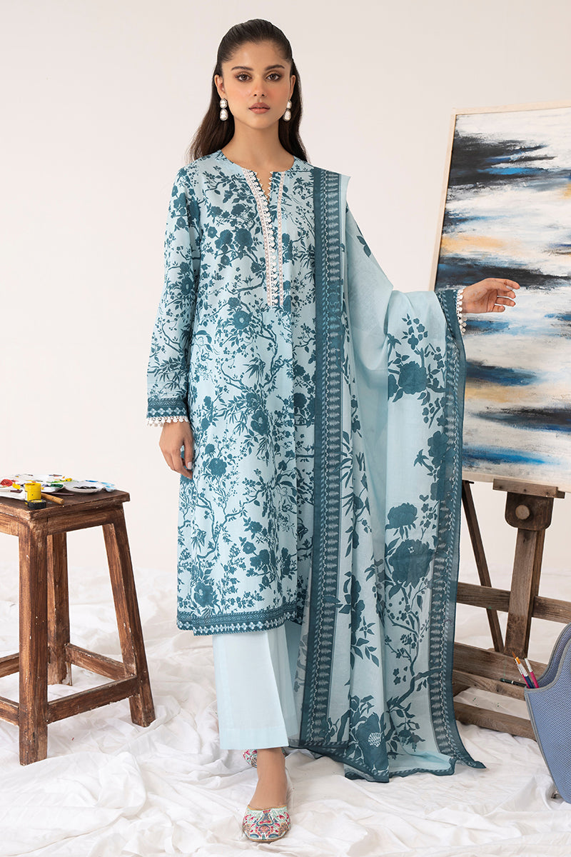 FLORESCENCE BLUE-3PC PRINTED LAWN SUIT