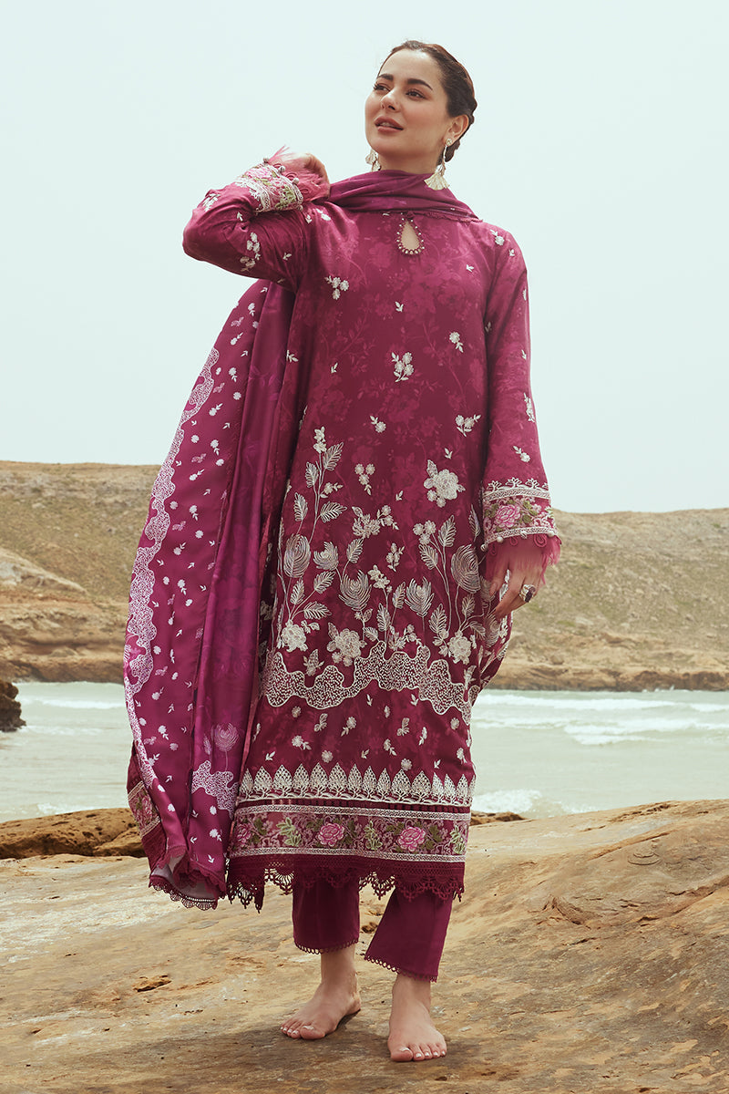 FUCHSIA FLORET-3PC SATIN EMBROIDERED SUIT