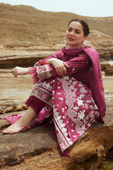 FUCHSIA FLORET-3PC SATIN EMBROIDERED SUIT