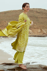 OLIVE TWINE-3PC SATIN EMBROIDERED SUIT