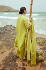 OLIVE TWINE-3PC SATIN EMBROIDERED SUIT