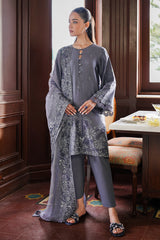 INDIGO BLOOM-3PC SATIN EMBROIDERED SUIT