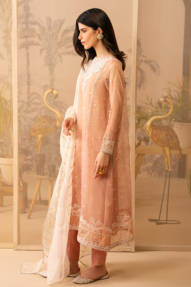 CORAL CASCADE-4 PIECE EMBROIDERED ORGANZA SUIT